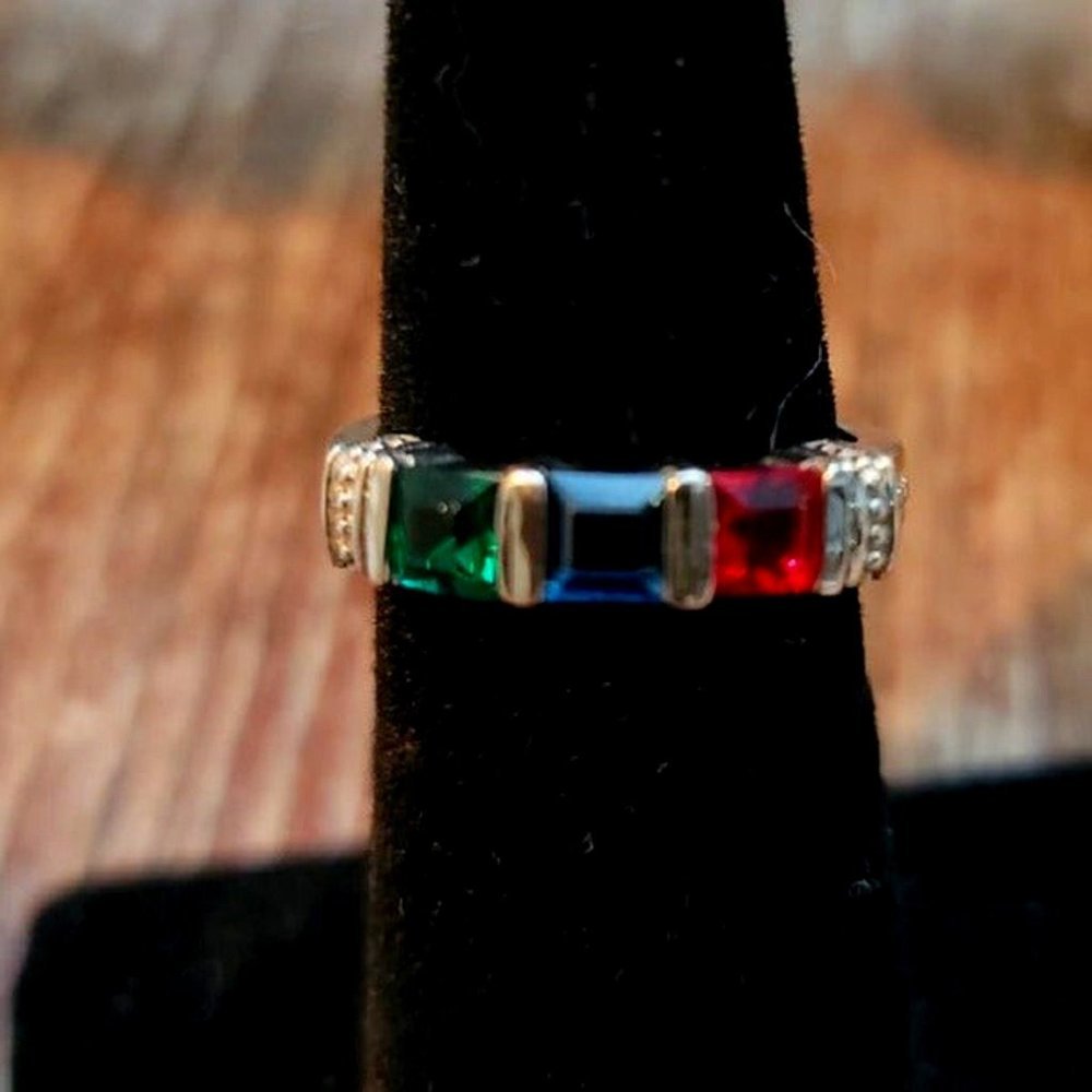 RING, 925 Silver, Ruby Red, Emerald Green & Sapphire Blue Princess Cut Stones